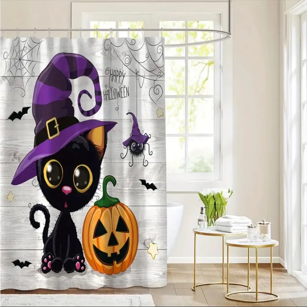 Cute Black Cat Halloween Shower Curtain With‎ Hooks For Bathroom Decoration